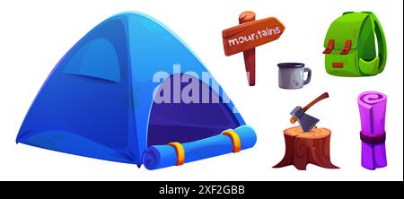 Ausrüstung für Camping und Wandern - Zeltlager und Touristenrucksack, Matte und Metallbecher, Axt auf Baumstumpf, hölzerne Schilder. Cartoon Vektor Illustration Set von Outdoor Abenteuer und Expedition Werkzeuge. Stock Vektor