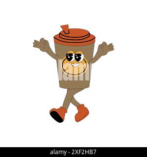 Coffee Groovy Charakter. Isoliert auf weiß. Niedlicher y2k Heißgetränk-Aufkleber. Kaffeetasse oder Retro-Element aus Glas. Stock Vektor