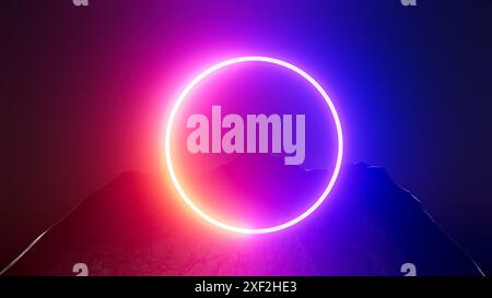 3D Illustration Neon Ring in den Bergen bei Nacht Stockfoto