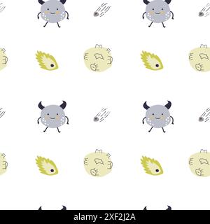 Niedliches Muster für Kinder mit Monstern oder Außerirdischen im Weltraum. Galaxienelemente und Raketen, Planeten Hintergrund. Niedliche Charaktere und kosmische Objekte zum Drucken Stock Vektor