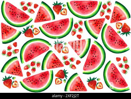 Ein Set Erdbeeren, Wassermelone. Verschiedene Erdbeeren mit Blättern. Wassermelone mit dreieckigen, halbrunden Scheiben. Aquarell. Rote und grüne Farben Stockfoto