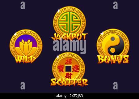 China Slots Icons - Wild, Jackpot, Bonus und Scatter. Chinesische Glücksmünzen. Vektorsymbole für 2D-Spiele und Casino oder Slots. Stock Vektor