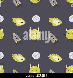 Niedliches Muster für Kinder mit Monstern oder Außerirdischen im Weltraum. Galaxienelemente und Raketen, Planeten Hintergrund. Niedliche Charaktere und kosmische Objekte zum Drucken Stock Vektor