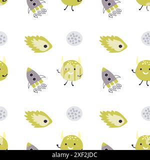 Niedliches Muster für Kinder mit Monstern oder Außerirdischen im Weltraum. Galaxienelemente und Raketen, Planeten Hintergrund. Niedliche Charaktere und kosmische Objekte zum Drucken Stock Vektor