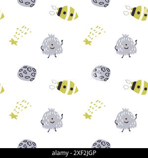 Niedliches Muster für Kinder mit Monstern oder Außerirdischen im Weltraum. Galaxienelemente und Raketen, Planeten Hintergrund. Niedliche Charaktere und kosmische Objekte zum Drucken Stock Vektor