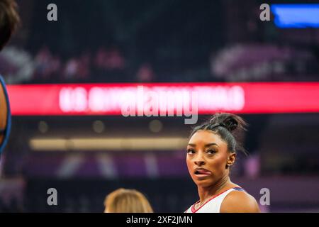 Minneapolis, Minnesota, USA. 30. Juni 2024. Am vierten Tag der Turnerspiele des United States Olympic Team 2024 im Target Center in Minneapolis, Minnesota. (Kreditbild: © Steven Garcia/ZUMA Press Wire) NUR REDAKTIONELLE VERWENDUNG! Nicht für kommerzielle ZWECKE! Quelle: ZUMA Press, Inc./Alamy Live News Stockfoto