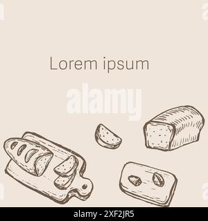 Bannerpapier im Retro-Stil. Gravierte Elemente Hintergrund für Bäckerei. Leckere gebackene Speisen skizziert. Banner für Brotskizzen. Stock Vektor