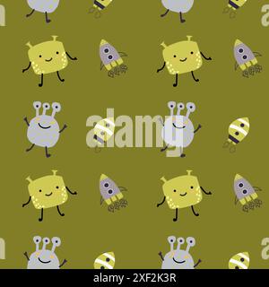 Niedliches Muster für Kinder mit Monstern oder Außerirdischen im Weltraum. Galaxienelemente und Raketen, Planeten Hintergrund. Niedliche Charaktere und kosmische Objekte zum Drucken Stock Vektor