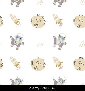 Abenteuermuster für Kinder mit niedlichen Galaxienelementen. Space-Tier-Charaktere endloser Hintergrund im skandinavischen Stil. Handgezeichnetes kindliches Design für Stock Vektor