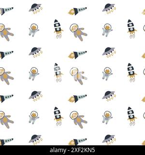 Abenteuermuster für Kinder mit niedlichen Galaxienelementen. Space-Tier-Charaktere endloser Hintergrund im skandinavischen Stil. Handgezeichnetes kindliches Design für Stock Vektor