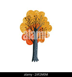 Gelber Herbstbaum mit orangefarbenen und braunen Blättern. Volkherbst. Handgezeichnet. Illustration des flachen Vektors. Stock Vektor