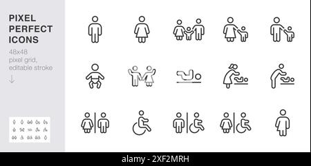 Symbolsatz für Toilettenschilder. Mann, Frau Toilette, Wickelstation, Familienzimmer, geschlechtsneutrale Minimalvektorillustrationen. Einfaches Umrisszeichen Stock Vektor