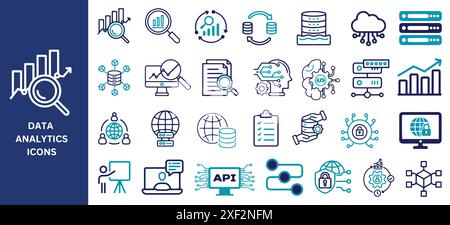 Symbolgruppe Data Analytics. Suchdaten, Big-Data-Analyse, Statistiken, Analysen, Server, Überwachungs-, Hosting- und Netzwerksymbole. Vektorabbildung. Stock Vektor