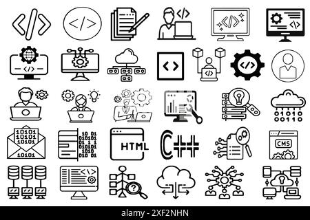 Sammlung der Symbole zur Programmierung der Codierung. Sammlung von Symbolen für die Softwareentwicklung. Stock Vektor