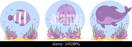 Unterwassertiere Set. Süßer Delfin, gestreifte Fische und Quallen mit Sandboden mit Algen und Korallen. Isolierte Unterwasser-Comic-Kawaii-Chara Stock Vektor