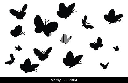 Set mit Schmetterlingen und Silhouetten. Schmetterling-Silhouetten fliegen. Stock Vektor