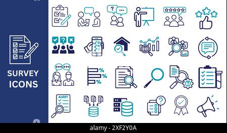 Umfrage-Symbolgruppe. Stellungnahme, Umfrage, Forschung, Fragebogen, Datenerhebung, Zufriedenheit und weitere Symbole. Vektorabbildung. Stock Vektor