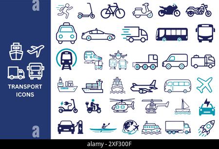 Symbolgruppe Transport. Laufen, Fahrrad, Fahrrad, Roller, Motorrad, Auto, Bus, Zug, Flugzeug, Segelboot, Lkw, Symbole, Vektorabbildung. Stock Vektor