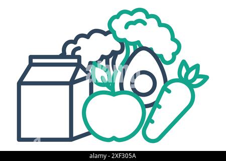 Symbol für gesunde Lebensmittel. Brokkoli, Milch, Eier, Apfel, Karotten. Symbol für Ernährung. Liniensymbolstil. Vektorillustration für Nährstoffelemente Stock Vektor