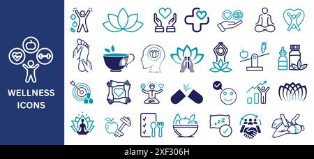 Wellness-Symbolgruppe. Wellness, Massage, Diät, Yoga, Entspannung, Gesundheit, Bewegung, Meditation, Wohlbefinden, Aromatherapie Ikonen. Vektorabbildung. Stock Vektor