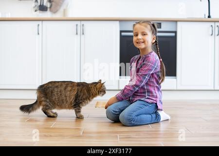 Das kleine Mädchen füttert die Katze in der modernen Küche, zeigt Sorgfalt und Glück Stockfoto