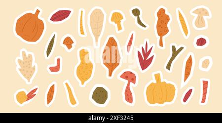 Set mit ausgeschnittenen Herbstaufklebern aus Papier mit Blättern, Kürbissen, Pilzen und Zweigen in warmen Herbstfarben. Handgezeichnete Vektorgrafik. Stock Vektor
