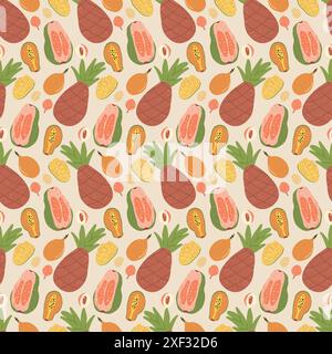 Nahtloses Fruchtmuster. Tropische Ananas, Papaya und Guave mit Mangobrücke. Exotischer süßer Schnitt und ganze Fruchtsnahrung endloser Hintergrund. Vecto Stock Vektor