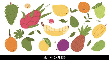Tropische Früchte isoliert auf weißem Hintergrund. Vektor Hand gezeichnet flache Sammlung Illustration. Stock Vektor