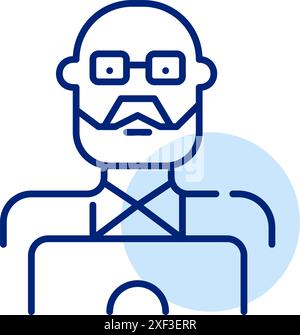 Erfahrener Laptop-Benutzer. Älterer Mann mit Brille am Computer. Arbeiten, studieren oder das Internet nutzen. Symbol für Pixelperfekte, bearbeitbare Kontur Stock Vektor