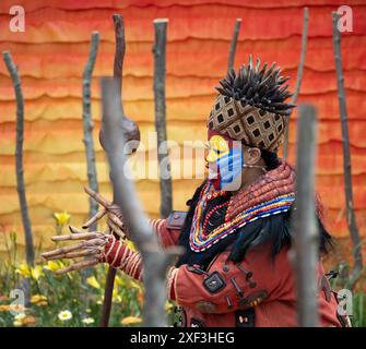 Richmond upon Thames, London, Großbritannien. Das RHS Hampton Court Palace Garden Festival, die größte Blumenausstellung der Welt, wird am 2-7. Juli 2024 eröffnet. Bild: Der von Juliet Sargeant entworfene Anniversary Garden des Lion King wurde anlässlich des 25. Jubiläums von Disneys The Lion King in London geschaffen. Star der West End-Show, Thenjiwe Nofemele, tritt in voller Kostümierung im Garten auf. Quelle: Malcolm Park/Alamy Live News Stockfoto