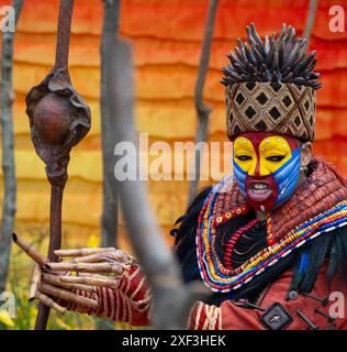 Richmond upon Thames, London, Großbritannien. Das RHS Hampton Court Palace Garden Festival, die größte Blumenausstellung der Welt, wird am 2-7. Juli 2024 eröffnet. Bild: Der von Juliet Sargeant entworfene Anniversary Garden des Lion King wurde anlässlich des 25. Jubiläums von Disneys The Lion King in London geschaffen. Star der West End-Show, Thenjiwe Nofemele, tritt in voller Kostümierung im Garten auf. Quelle: Malcolm Park/Alamy Live News Stockfoto