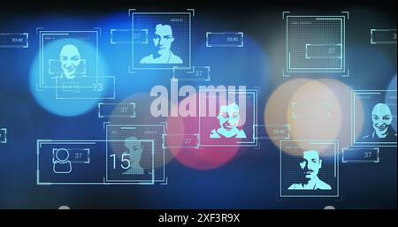 Bild von biometrischen Fotos und Datenverarbeitung über unscharfem Straßenverkehr Stockfoto