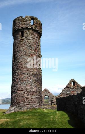 Der runde Turm aus dem 11. Jahrhundert und die Ruinen von St. Patrick's Church in Peel Castle in Peel auf der Isle of man, erbaut von Norwegern. Stockfoto