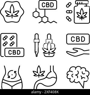 Offene Hand mit linearen Symbolen aus Marihuanablättern. Cannabidiol Linear Icons Kollektion. Cannabislegalisierung. Kontursymbole. Vektor isolierte Kontur d Stock Vektor