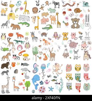 Große Auswahl an wilden, Haus-, Meerestieren und Eulen. Handgezeichnete Abbildung. Stock Vektor