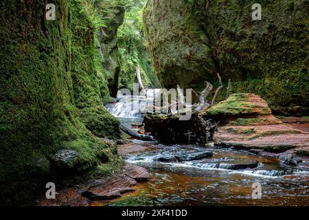 Die Teufelskulpe ist eine wunderschöne Schlucht in der schottischen Landschaft in der Nähe von Loch Lomond und dem Trossachs-Nationalpark. Ein ehemaliger Drehort für den Stockfoto