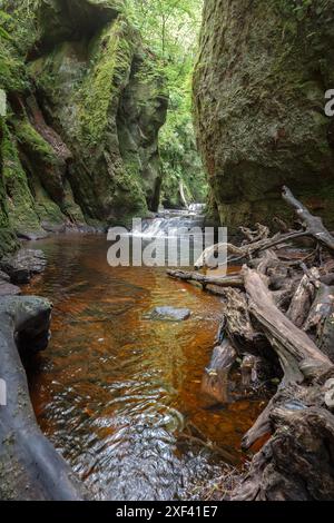 Die Teufelskulpe ist eine wunderschöne Schlucht in der schottischen Landschaft in der Nähe von Loch Lomond und dem Trossachs-Nationalpark. Ein ehemaliger Drehort für den Stockfoto