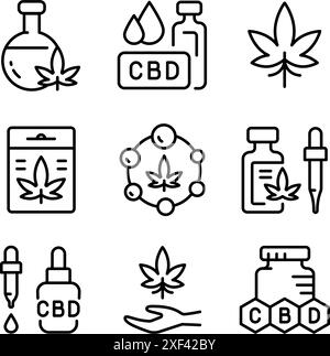 Offene Hand mit linearen Symbolen aus Marihuanablättern. Cannabidiol Linear Icons Kollektion. Cannabislegalisierung. Kontursymbole. Vektor isolierte Kontur d Stock Vektor