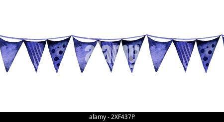 Aquarellnahtloses Brett mit verschiedenen dreieckigen violetten Fahnen, handgezeichnete Illustration mit Girlande von Fahnen, lila Farbe Party Dekoration Isolate Stockfoto