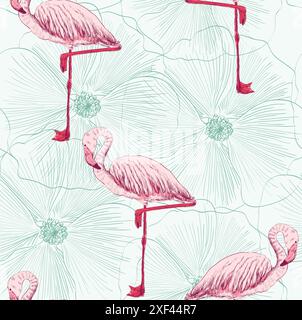 Vektorskizze eines Flamingos mit Blumen. Handgezeichnete Abbildung Stock Vektor