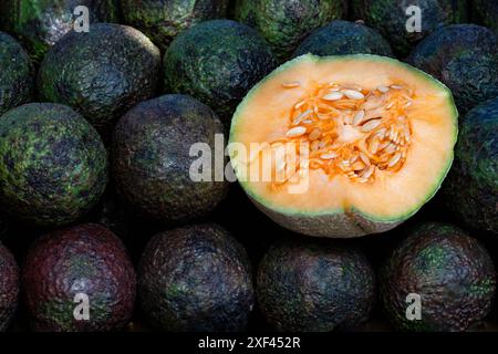 Eine reife, frische Melone, die in zwei Hälften geschnitten und auf Avocados an einem Marktstand im Freien gelegt wird. Stockfoto