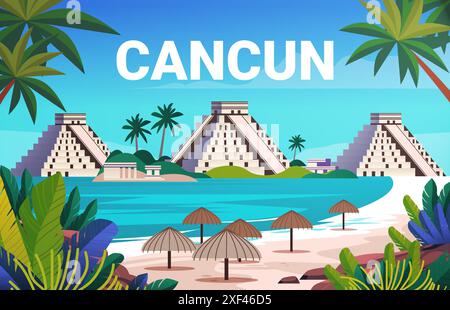 Cancun Strandszene mit Maya-Pyramiden, Palmen, tropischen Pflanzen und Ozean Stock Vektor