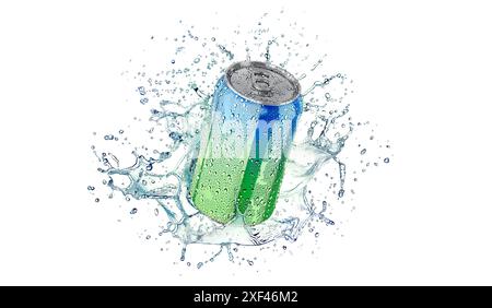 Leere, farbige 330-ml-Soda-Dose aus Aluminium mit Tropfenspritzer-Modell Stockfoto