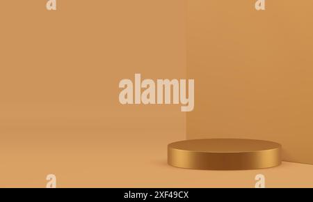 Goldenes Podium des 3D beigefarbenen Showroom-Zylinders für realistische Vektor-Illustration. Neutral eleganter Luxus Schaufenster Werbefläche Innenraum mit Stock Vektor