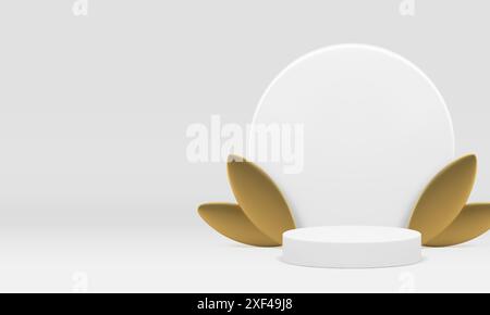Podium mit weißem 3D-Zylinder mit rundem Wandhintergrund für realistische Vektorillustration. Eleganter, luxuriöser, kreisförmiger Sockel mit goldenem L Stock Vektor