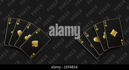 Schwarzer Hintergrund des Kasinotisches. Ein Handfan von Spielkarten, bestehend aus Pik-Ass, Diamanten, Schlägern, Herzen. Vektor-Illustration Kasino aller AC Stock Vektor