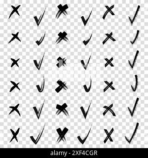 Von Hand gezogene Kritzelspuren und Kreuze Set-Kollektion. Kritzeleien, Zeichenstifte. Handgezeichnete Häkchen und kleine Kreuze. Ja und nein Tr Stock Vektor