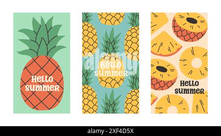 Sommer-Poster Ananasset im flachen Stil. Kunst für Poster, Postkarte, Wandkunst, Banner Hintergrund Stock Vektor