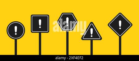 Set aus runden, quadratischen, rhombischen, dreieckigen und sechseckigen schwarzen Straßenschildern mit Ausrufezeichen. Warnschild. Vektorsymbole für Warnungen über den Standort Stock Vektor