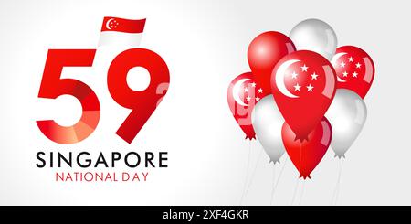 59-jähriges Jubiläum: Banner zum Nationalfeiertag in Singapur mit Flagge und Ballons. Happy Singapurs Unabhängigkeitstag, Vektor-Illustration Stock Vektor